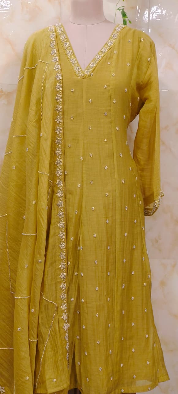 Complete Cut Dana Pearl Work Sober A-Line Panel Anarkali Full Suit Set In Mul Chanderi Fabric- 11672