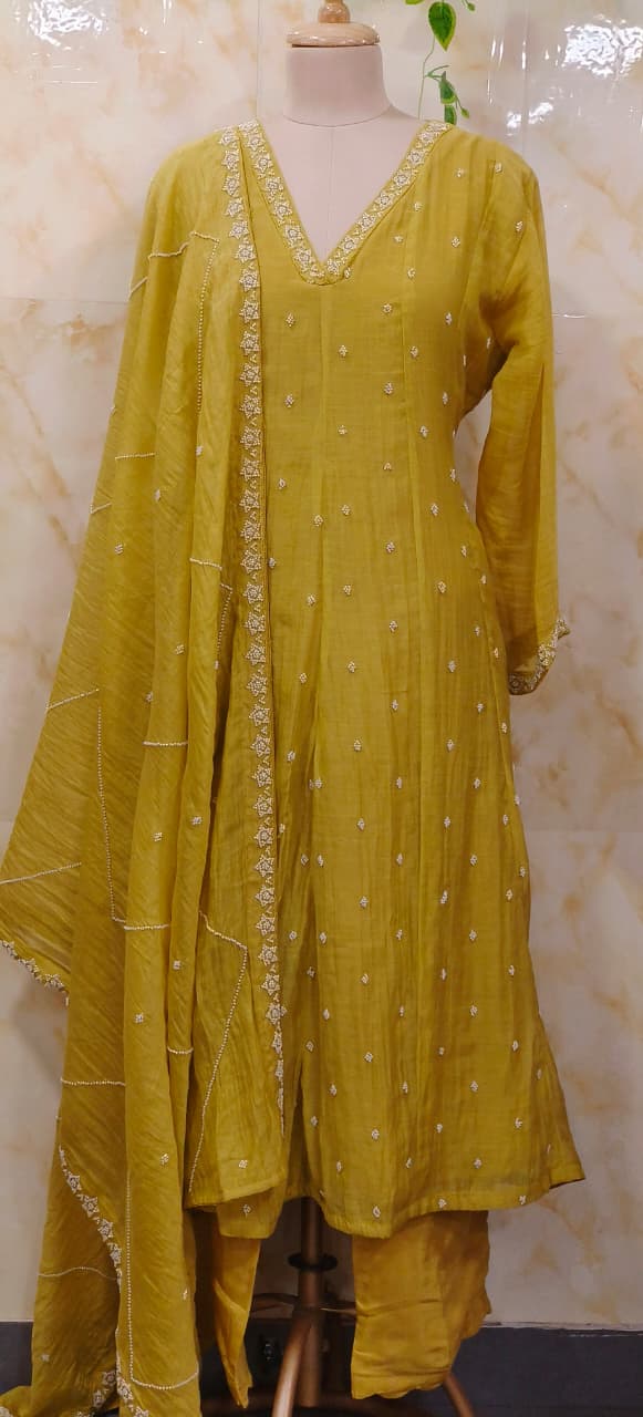 Complete Cut Dana Pearl Work Sober A-Line Panel Anarkali Full Suit Set In Mul Chanderi Fabric- 11672
