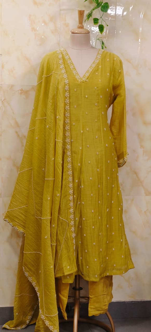Complete Cut Dana Pearl Work Sober A-Line Panel Anarkali Full Suit Set In Mul Chanderi Fabric- 11672