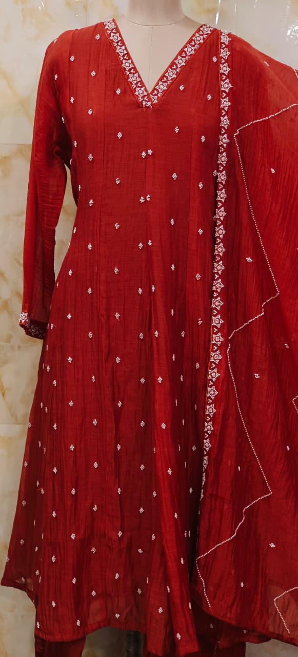 Complete Cut Dana Pearl Work Sober A-Line Panel Anarkali Full Suit Set In Mul Chanderi Fabric- 11672