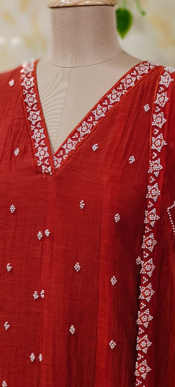 Complete Cut Dana Pearl Work Sober A-Line Panel Anarkali Full Suit Set In Mul Chanderi Fabric- 11672
