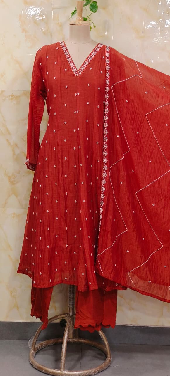 Complete Cut Dana Pearl Work Sober A-Line Panel Anarkali Full Suit Set In Mul Chanderi Fabric- 11672