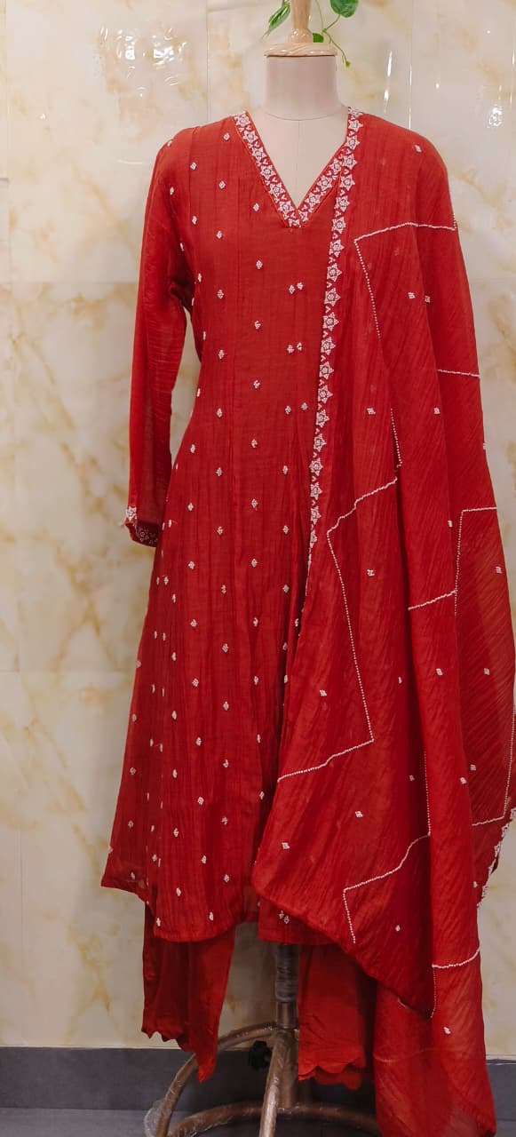 Complete Cut Dana Pearl Work Sober A-Line Panel Anarkali Full Suit Set In Mul Chanderi Fabric- 11672