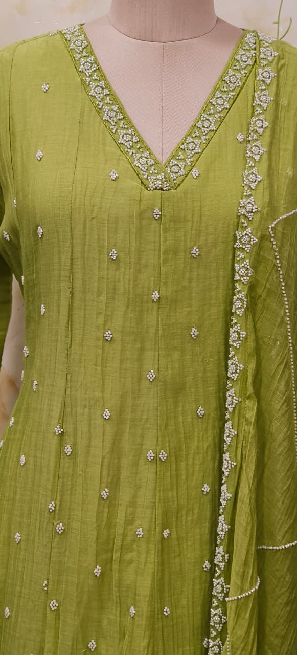 Complete Cut Dana Pearl Work Sober A-Line Panel Anarkali Full Suit Set In Mul Chanderi Fabric- 11672