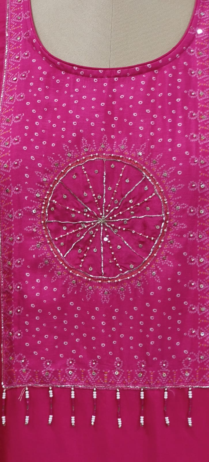 Round Shaped Bandhej Dotted Work Tasseled Full Suit Set With Dupatta In Russian Silk Fabric- 11186