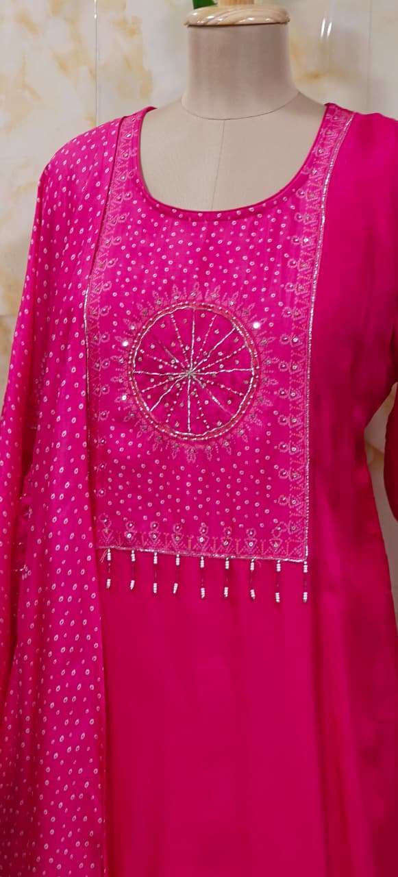 Round Shaped Bandhej Dotted Work Tasseled Full Suit Set With Dupatta In Russian Silk Fabric- 11186