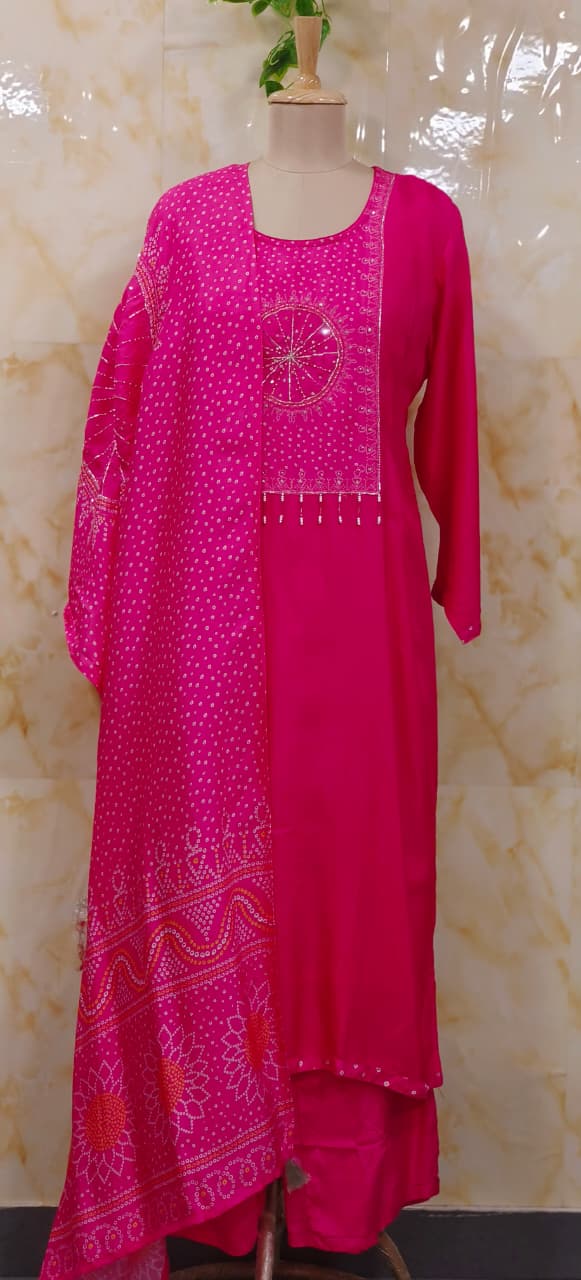 Round Shaped Bandhej Dotted Work Tasseled Full Suit Set With Dupatta In Russian Silk Fabric- 11186