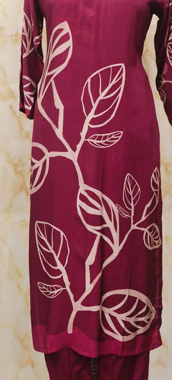 Gaint Leafy Print V-Neck Beads Worked Kurta Pant Set In Muslin Fabric- 11632, 11633, 11634, 11635