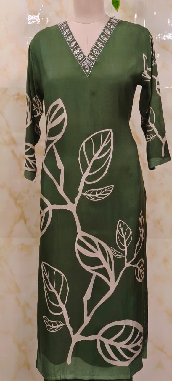 Gaint Leafy Print V-Neck Beads Worked Kurta Pant Set In Muslin Fabric- 11632, 11633, 11634, 11635