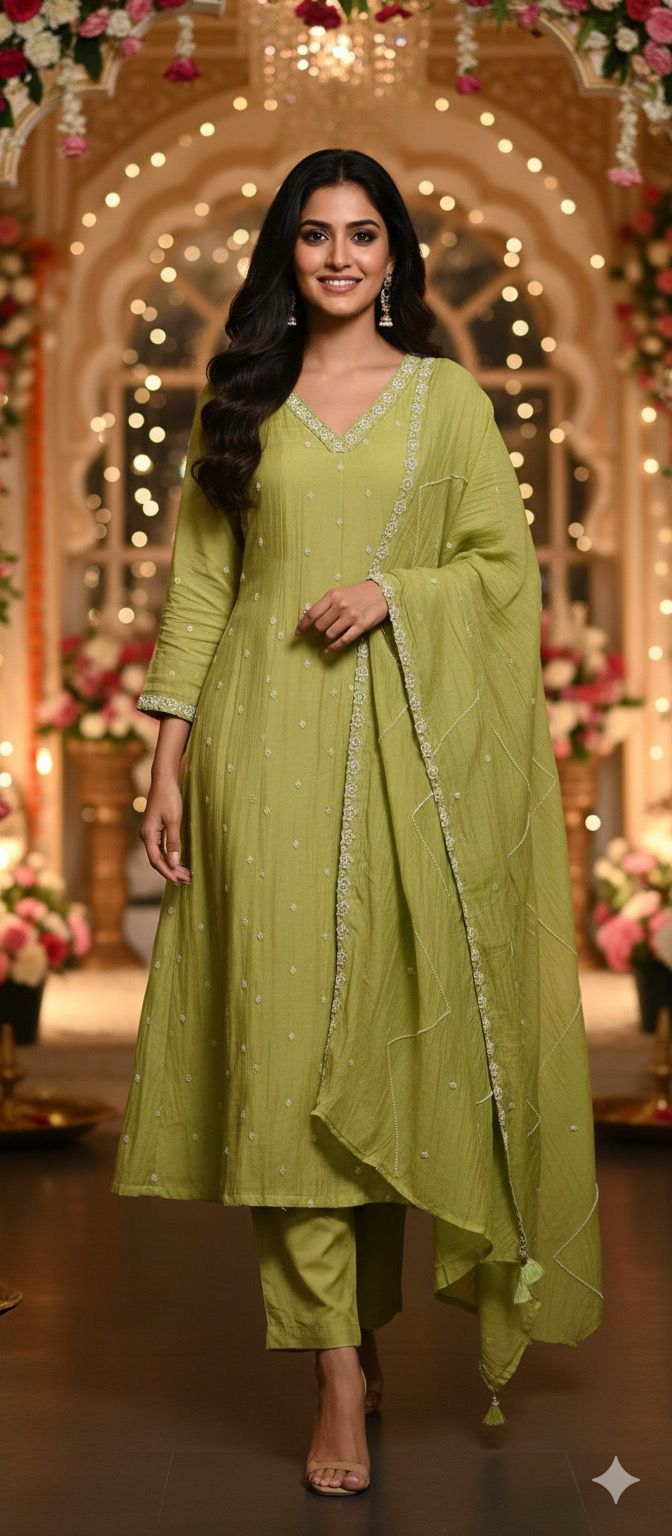 Complete Cut Dana Pearl Work Sober A-Line Panel Anarkali Full Suit Set In Mul Chanderi Fabric- 11672