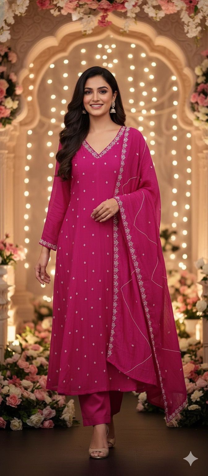 Complete Cut Dana Pearl Work Sober A-Line Panel Anarkali Full Suit Set In Mul Chanderi Fabric- 11672