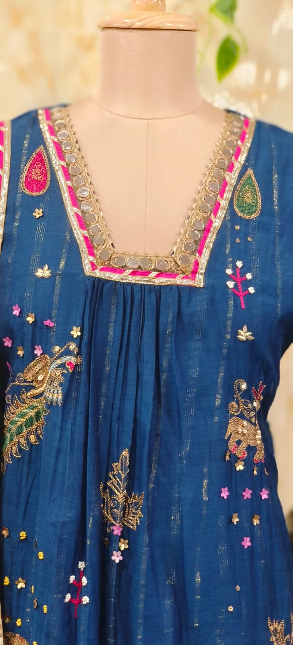 Beautiful Real Mirror V-Neck Embroidered Full Suit Set With Dupatta In Mul Chanderi Fabric- 10795, 10796