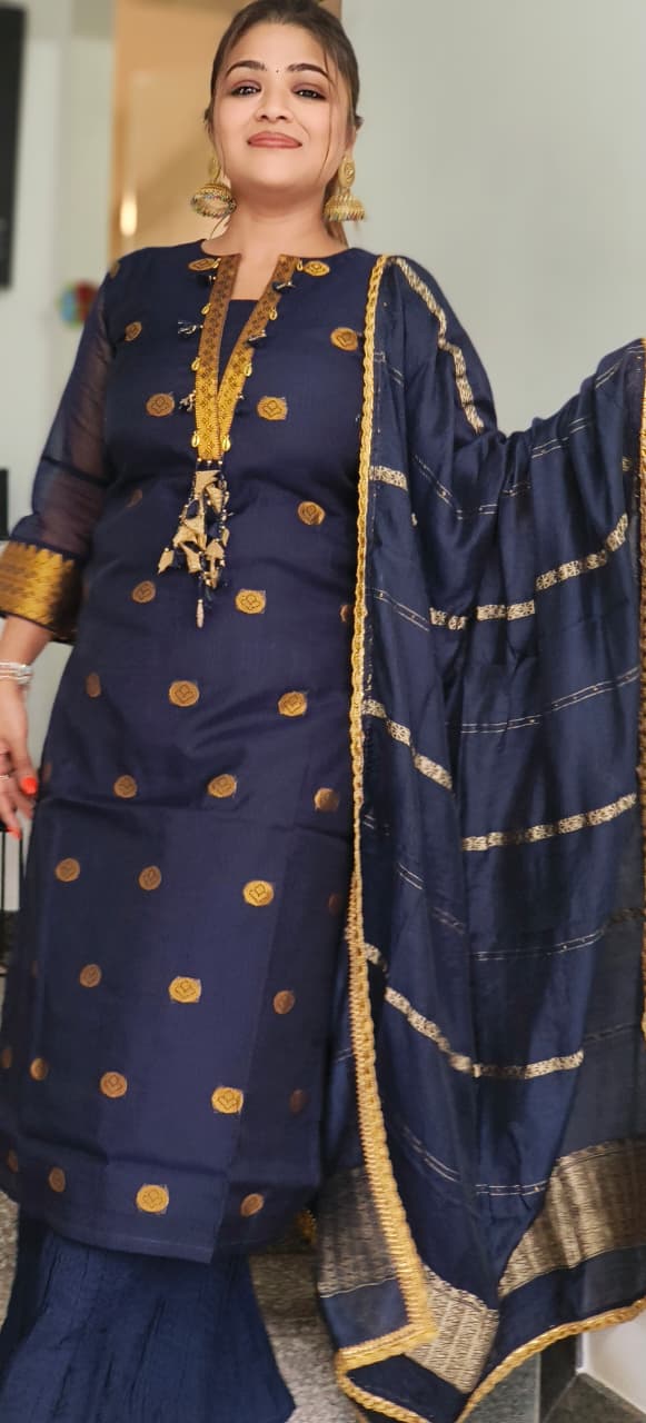 Pure Chanderi Golden Touch Front Tasseled Full Suit Set With Crush Bottom and Dupatta