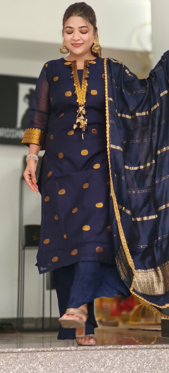 Pure Chanderi Golden Touch Front Tasseled Full Suit Set With Crush Bottom and Dupatta