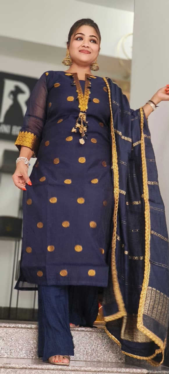 Pure Chanderi Golden Touch Front Tasseled Full Suit Set With Crush Bottom and Dupatta