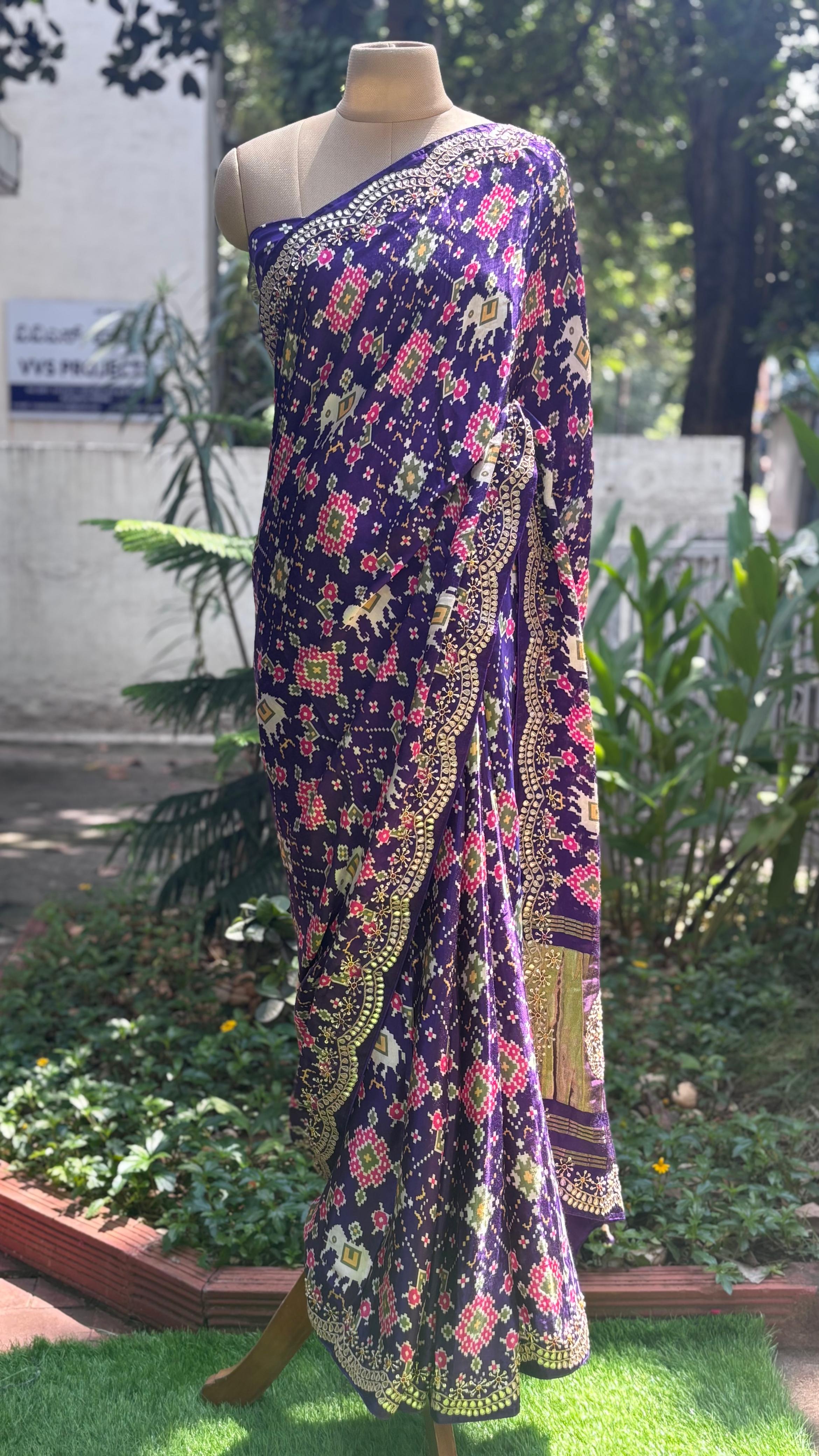 Premium Fabric Abstract Print Look Patola Gotta Bordered Saree With Unstitched Blouse