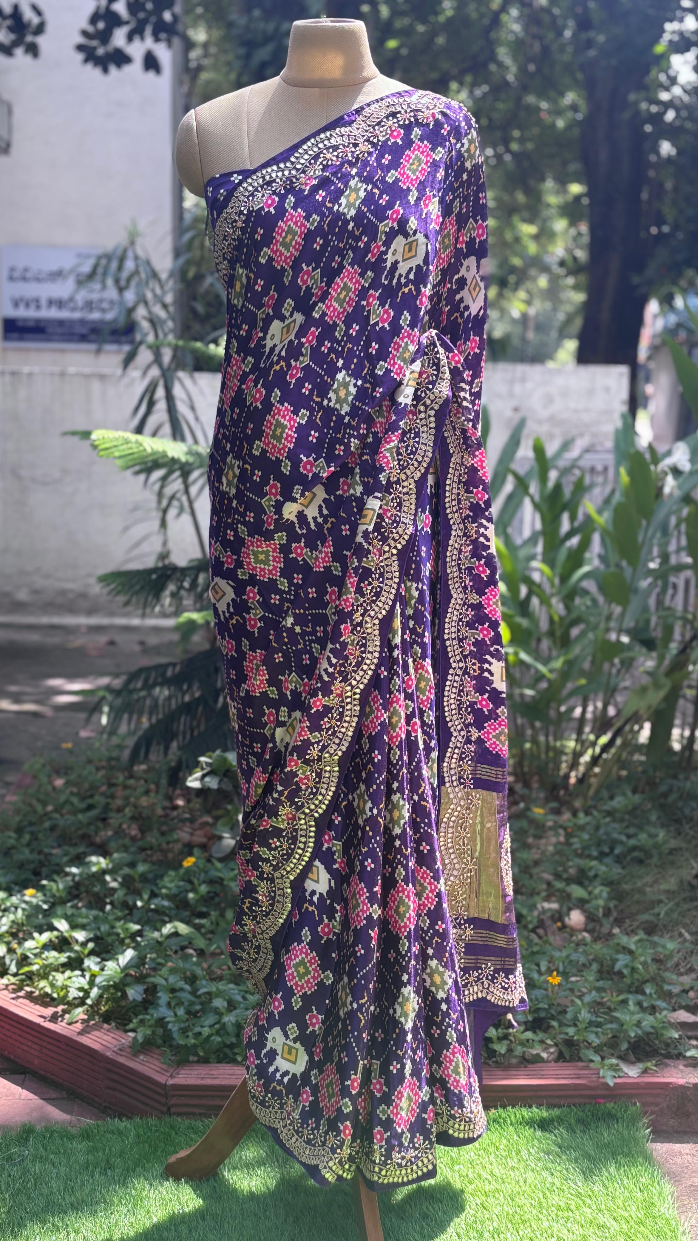 Premium Fabric Abstract Print Look Patola Gotta Bordered Saree With Unstitched Blouse