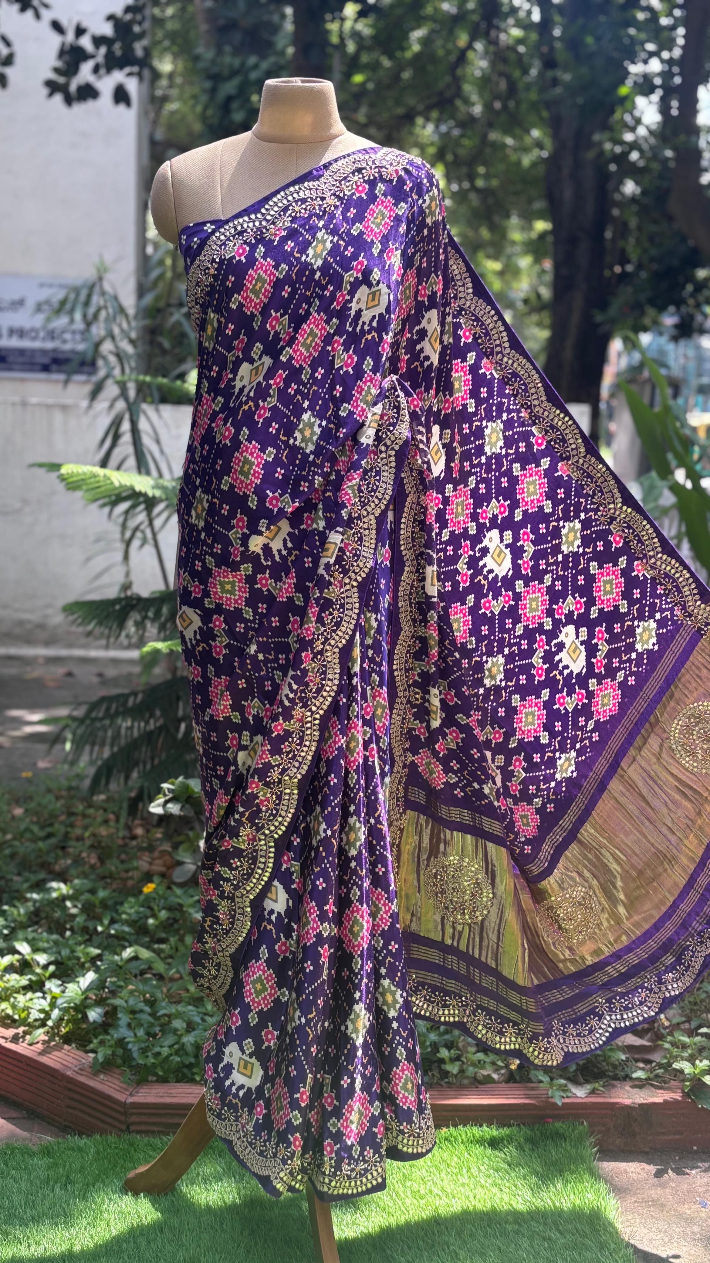 Premium Fabric Abstract Print Look Patola Gotta Bordered Saree With Unstitched Blouse