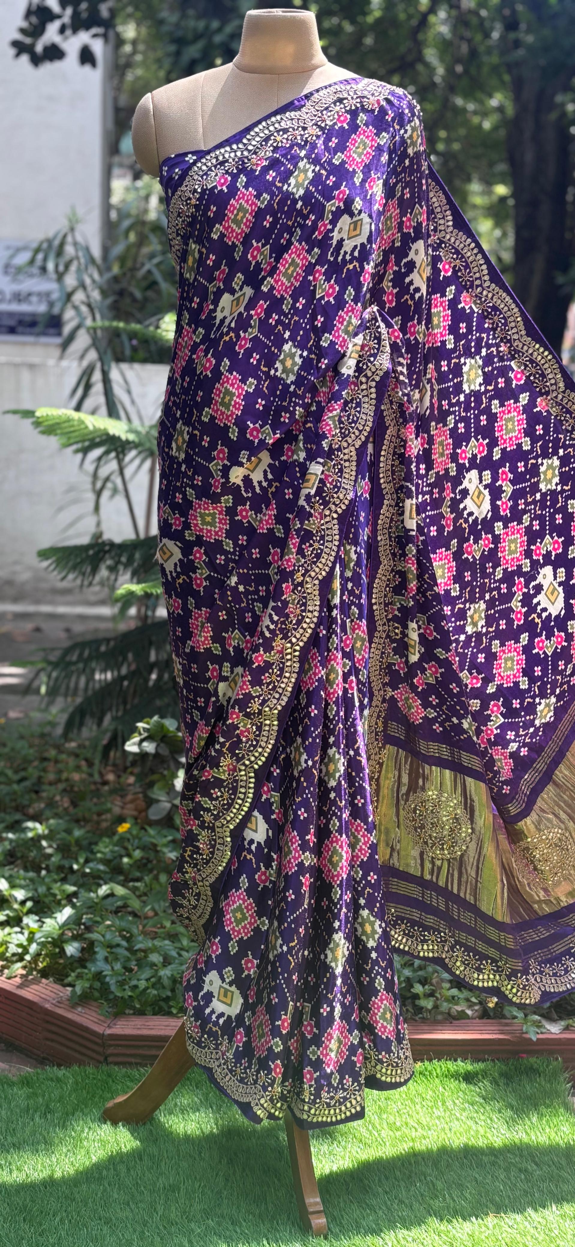 Premium Fabric Abstract Print Look Patola Gotta Bordered Saree With Unstitched Blouse