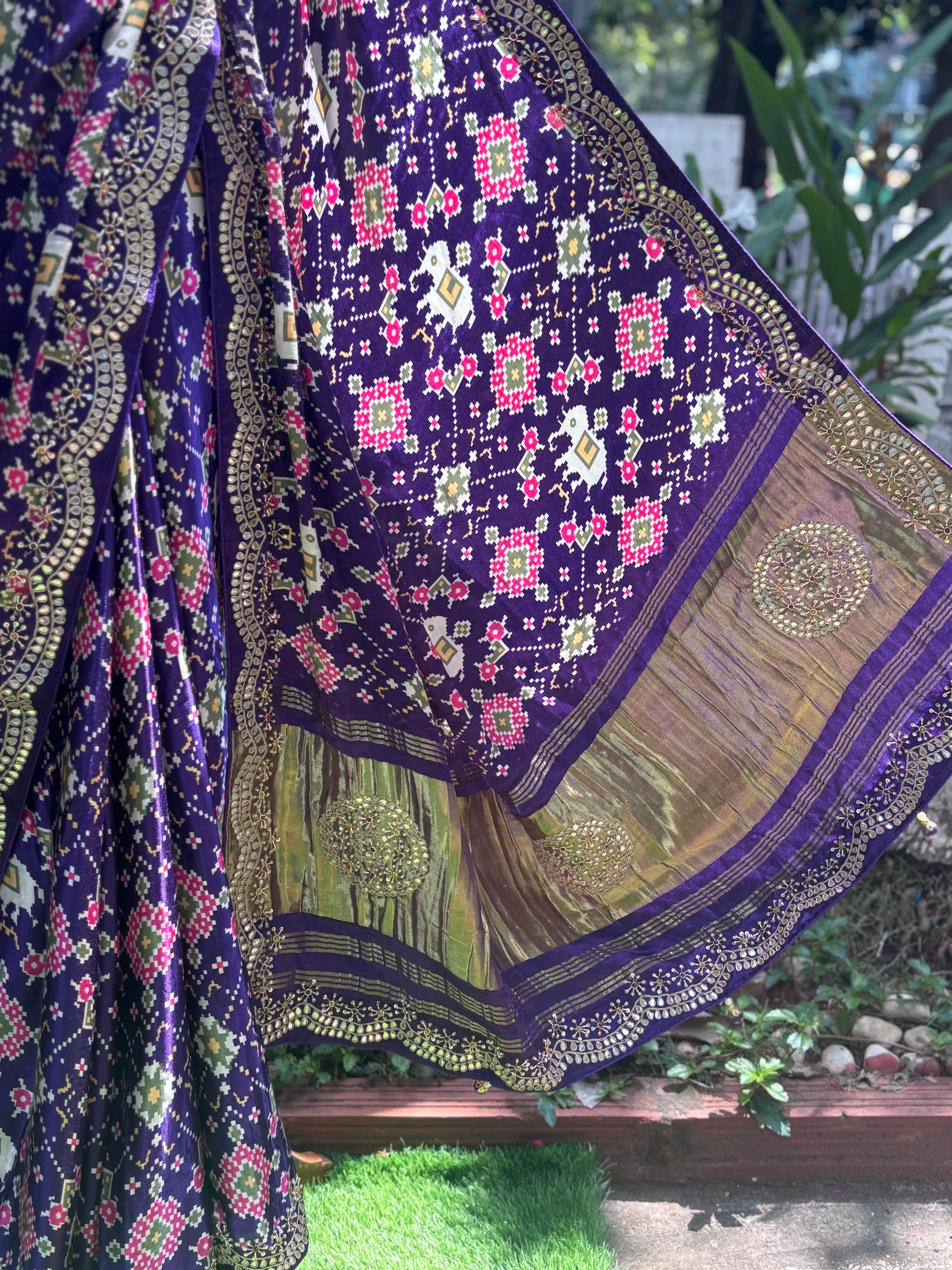 Premium Fabric Abstract Print Look Patola Gotta Bordered Saree With Unstitched Blouse