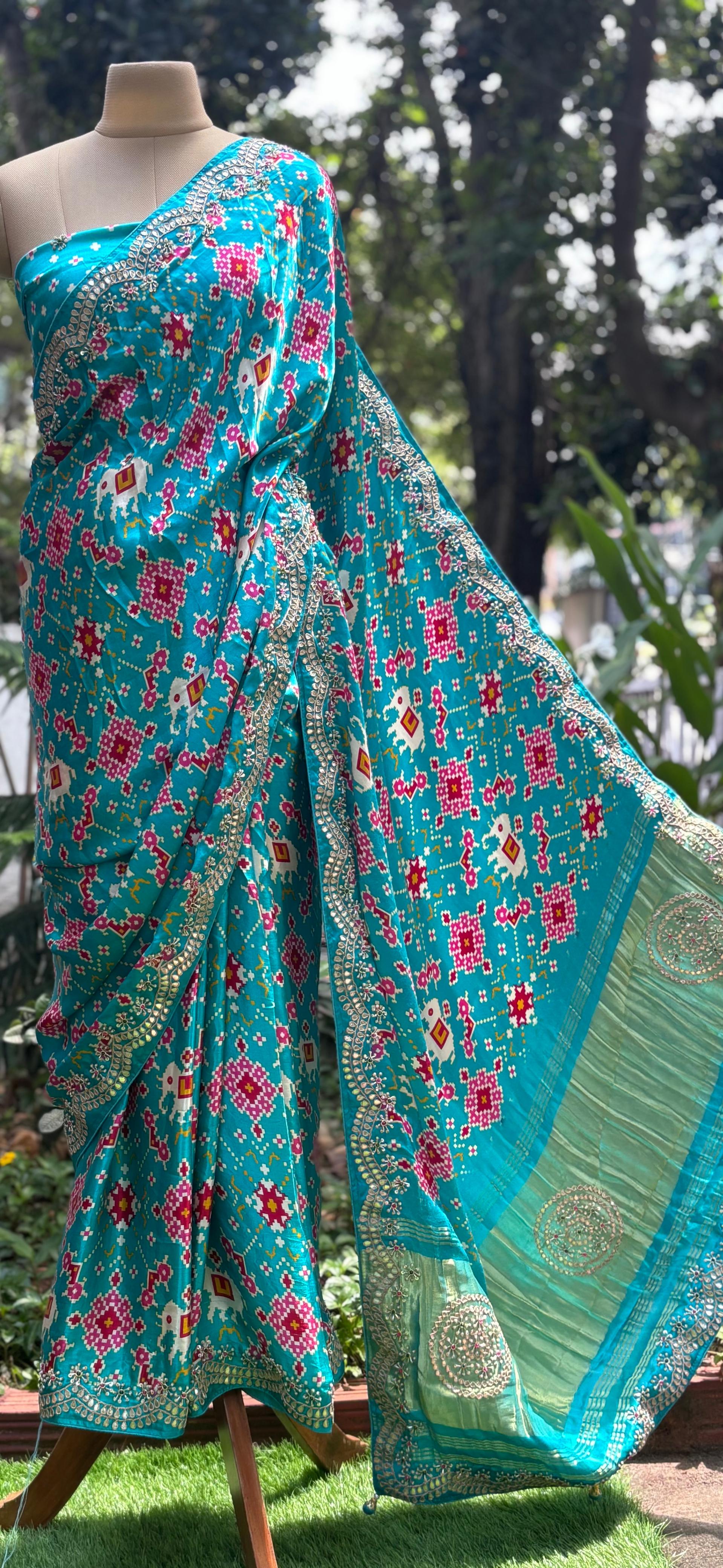Premium Fabric Abstract Print Look Patola Gotta Bordered Saree With Unstitched Blouse