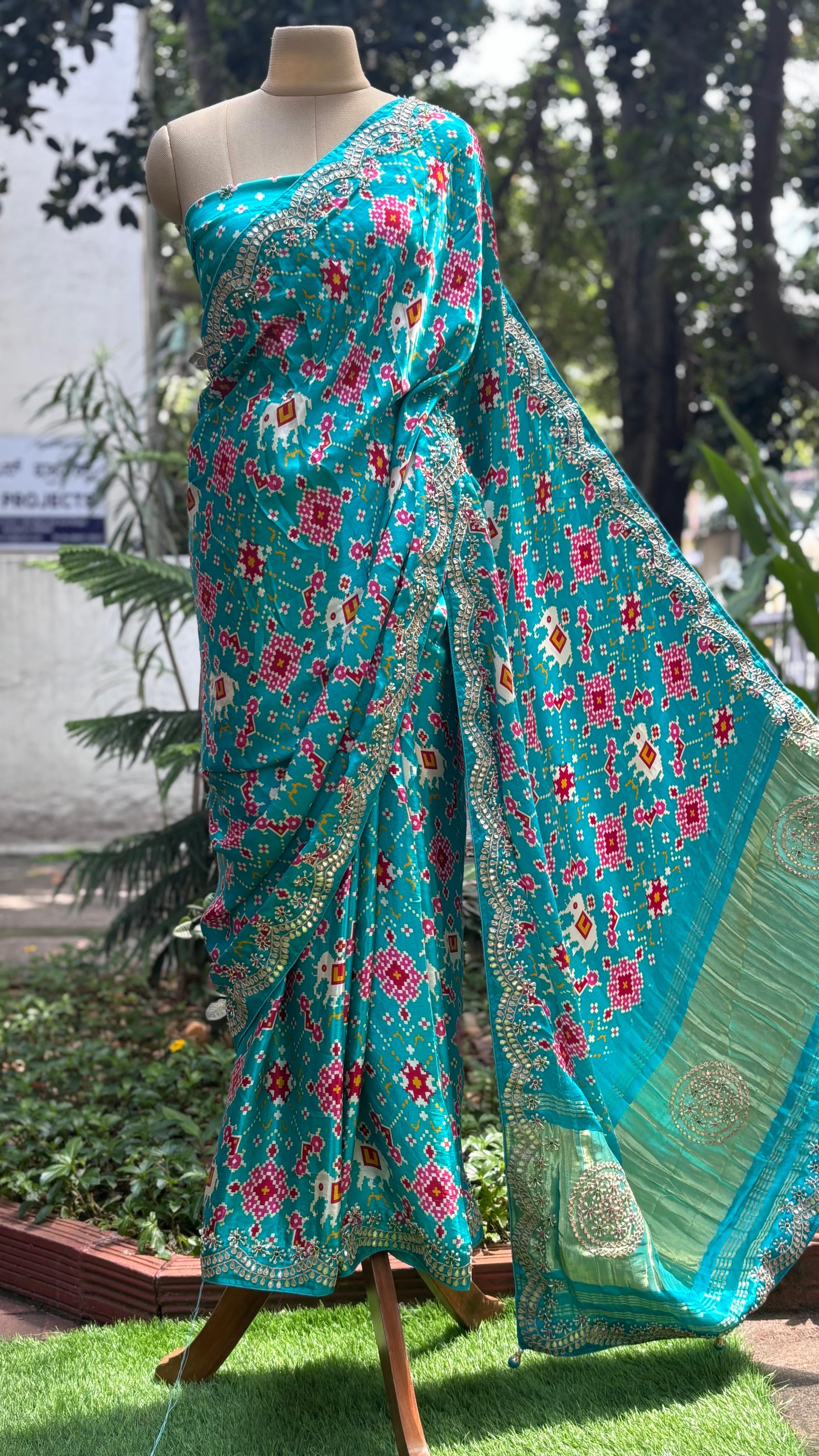 Premium Fabric Abstract Print Look Patola Gotta Bordered Saree With Unstitched Blouse