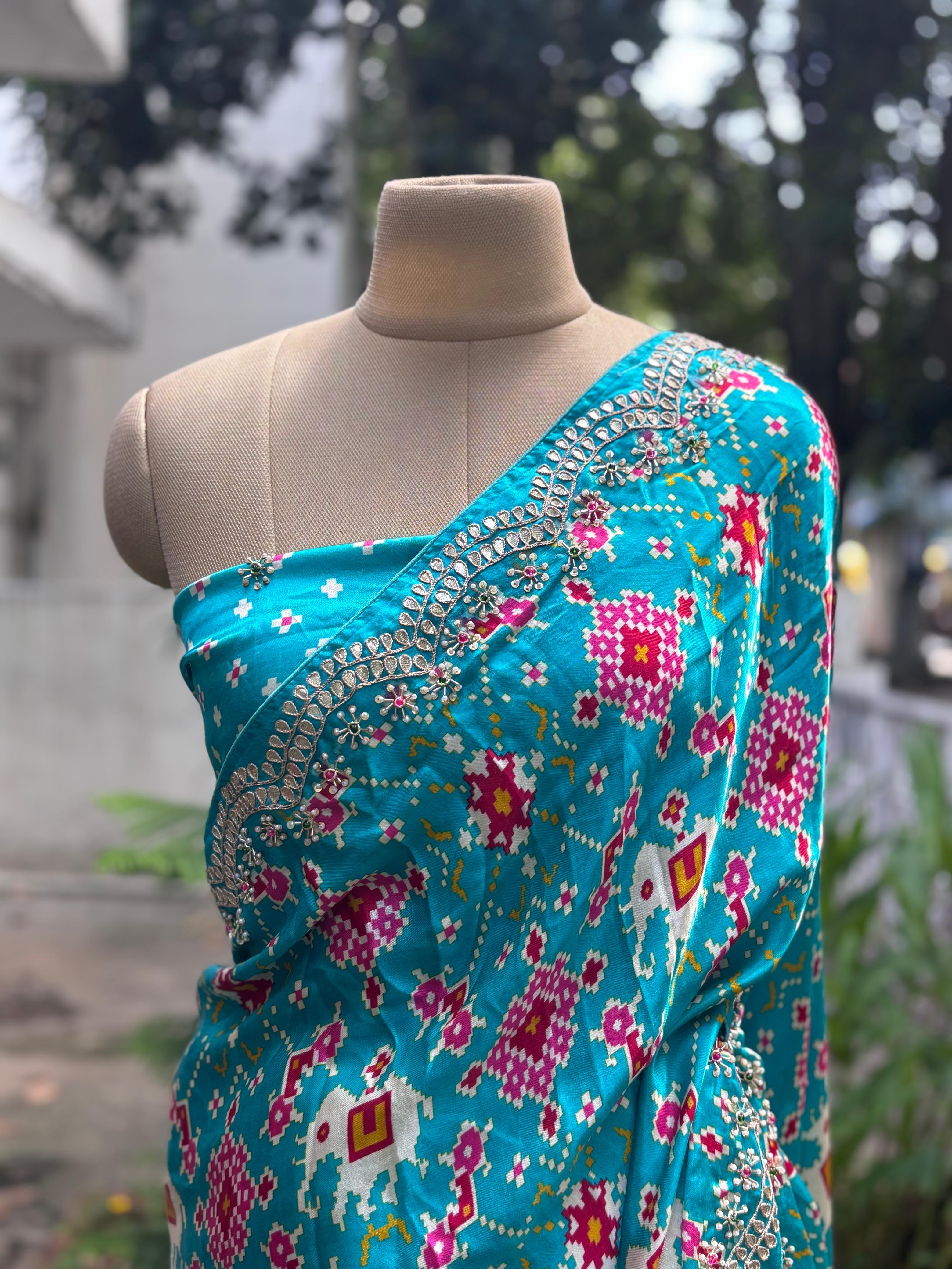 Premium Fabric Abstract Print Look Patola Gotta Bordered Saree With Unstitched Blouse