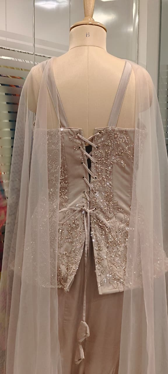 Champagne Nude Peplum Padded Top and Skirt Set With Hand-Embroidered Choker Dupatta