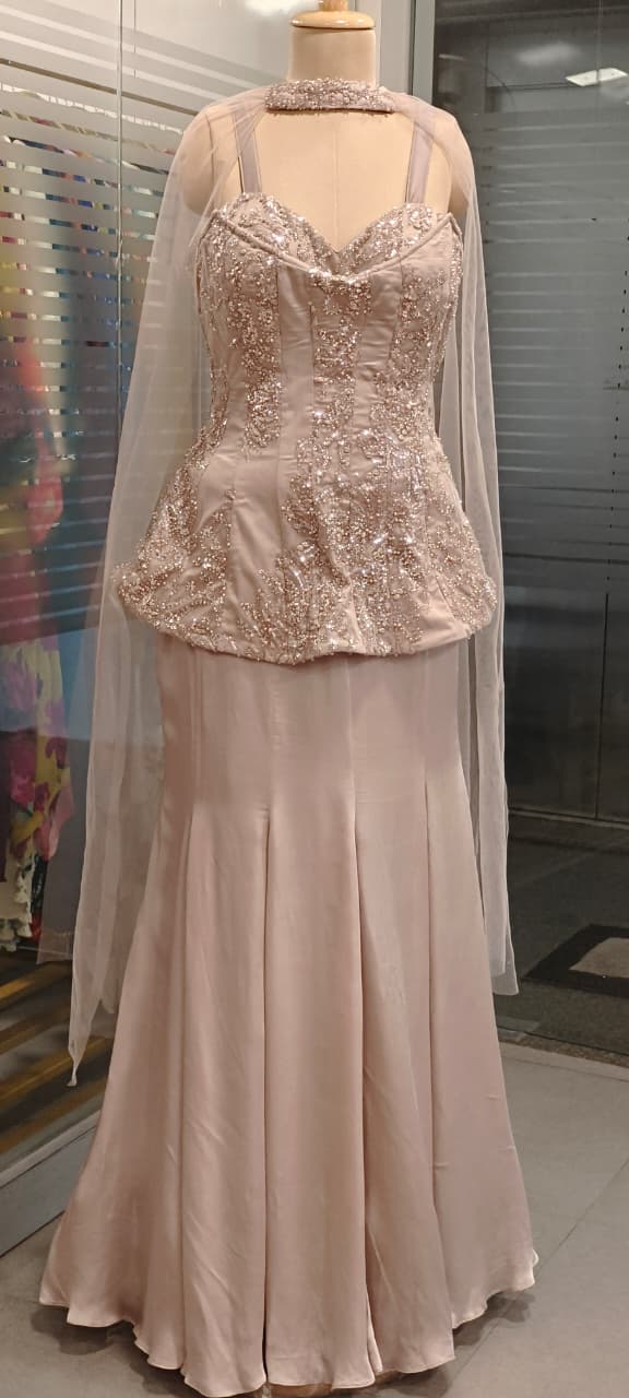 Champagne Nude Peplum Padded Top and Skirt Set With Hand-Embroidered Choker Dupatta