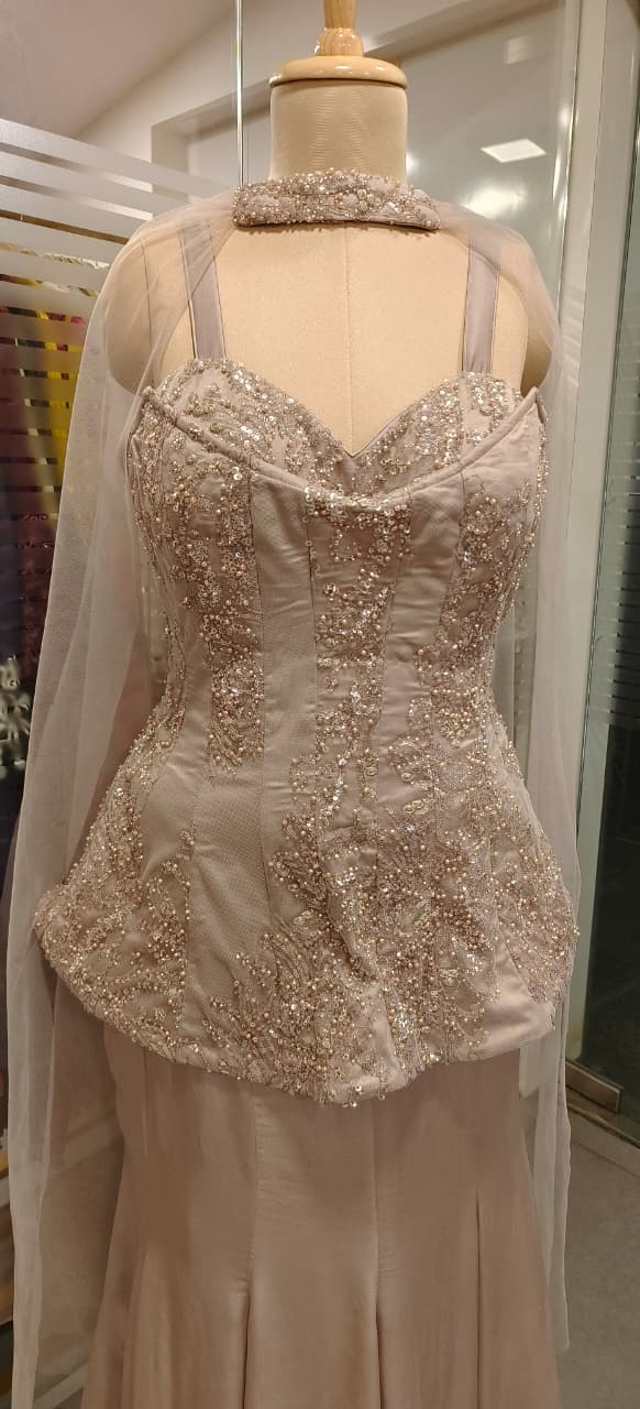 Champagne Nude Peplum Padded Top and Skirt Set With Hand-Embroidered Choker Dupatta