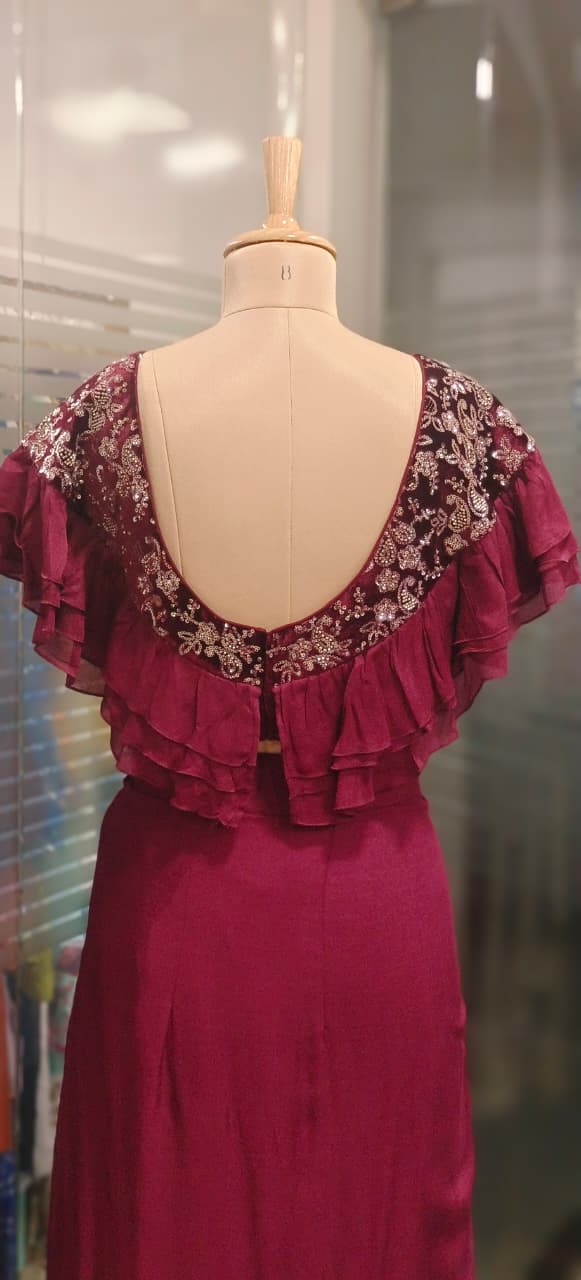 Stylish Ruffle Layered Crop Top with Sequinned Velvet Yoke and Draped Skirt