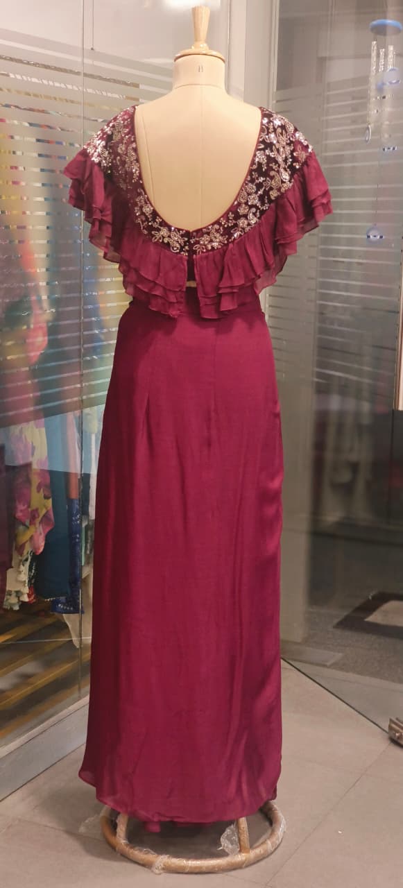 Stylish Ruffle Layered Crop Top with Sequinned Velvet Yoke and Draped Skirt
