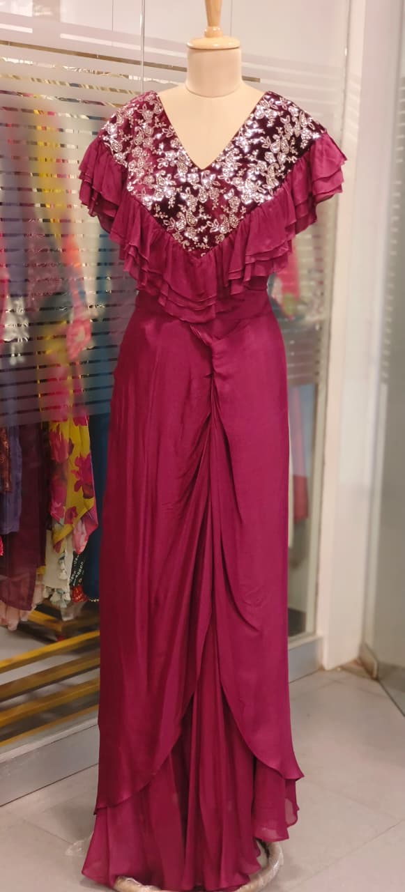 Stylish Ruffle Layered Crop Top with Sequinned Velvet Yoke and Draped Skirt