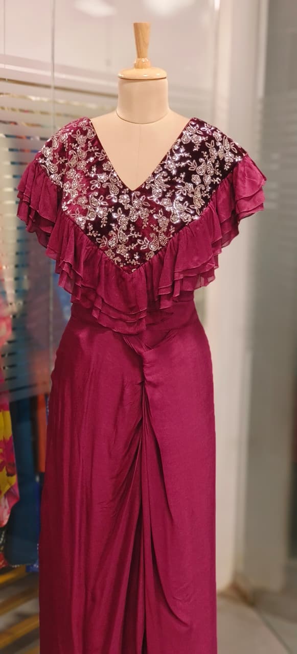 Stylish Ruffle Layered Crop Top with Sequinned Velvet Yoke and Draped Skirt