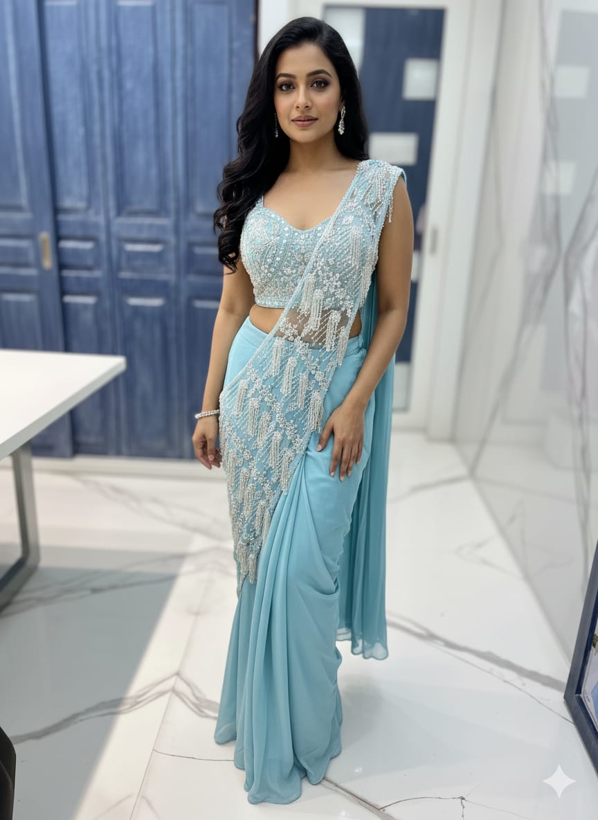 Designer Aqua Blue Crape Drape Saree with Heavy Pearl and Sequin Embroidered Net Drape Pallu