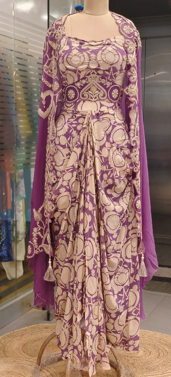 Regal Zari Embroidered Crop Top With Drape Skirt & Cut Work Shrug In Crepe Fabric- 11733, 11734
