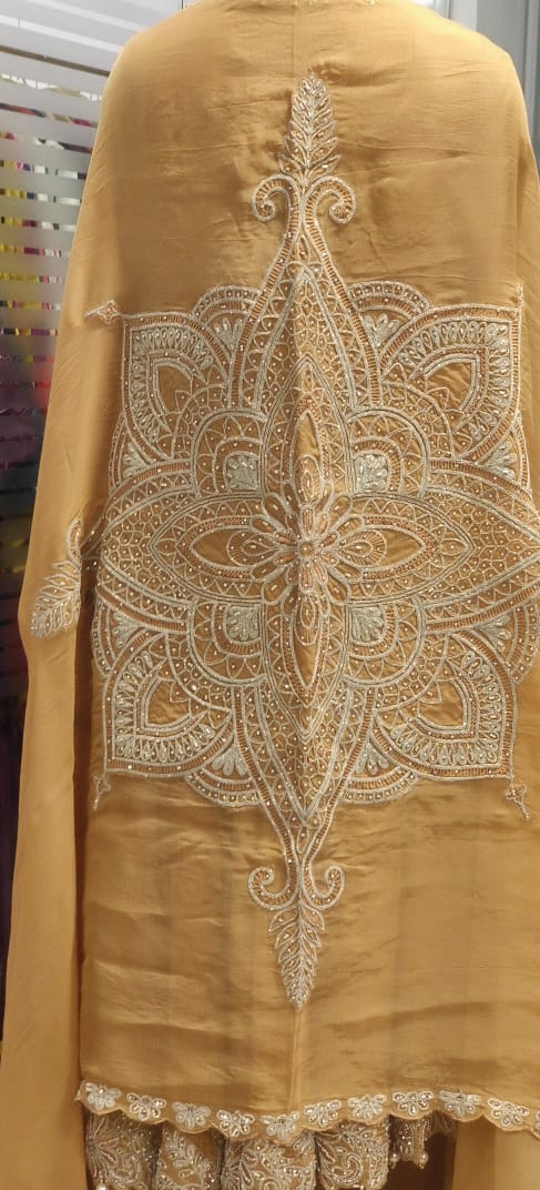 Very Elegant Handwork Neck Line & Bordered With Round Pearl Tassel Shimmery Anarkali Full Suit Set With Heavy Dupatta & Loose Bottom- 11745