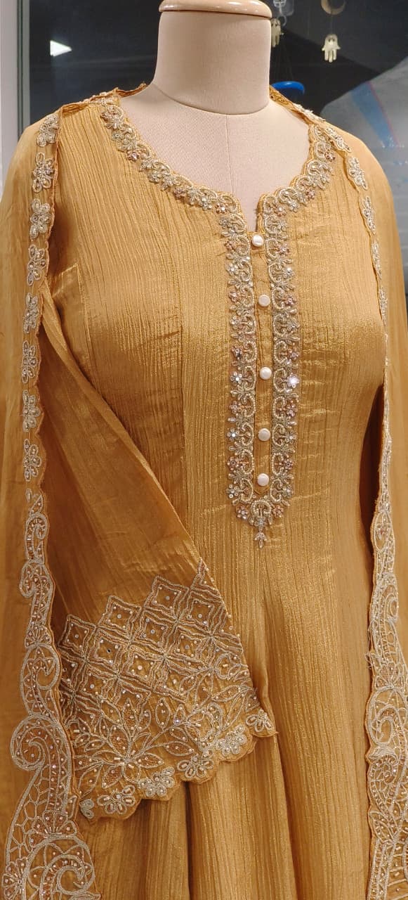 Very Elegant Handwork Neck Line & Bordered With Round Pearl Tassel Shimmery Anarkali Full Suit Set With Heavy Dupatta & Loose Bottom- 11745