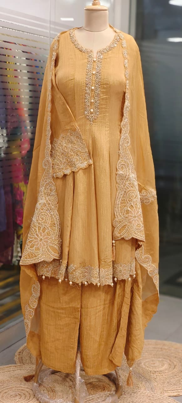 Very Elegant Handwork Neck Line & Bordered With Round Pearl Tassel Shimmery Anarkali Full Suit Set With Heavy Dupatta & Loose Bottom- 11745