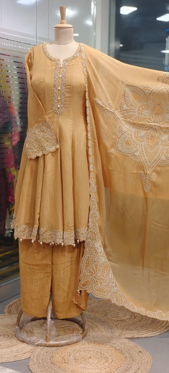 Very Elegant Handwork Neck Line & Bordered With Round Pearl Tassel Shimmery Anarkali Full Suit Set With Heavy Dupatta & Loose Bottom- 11745