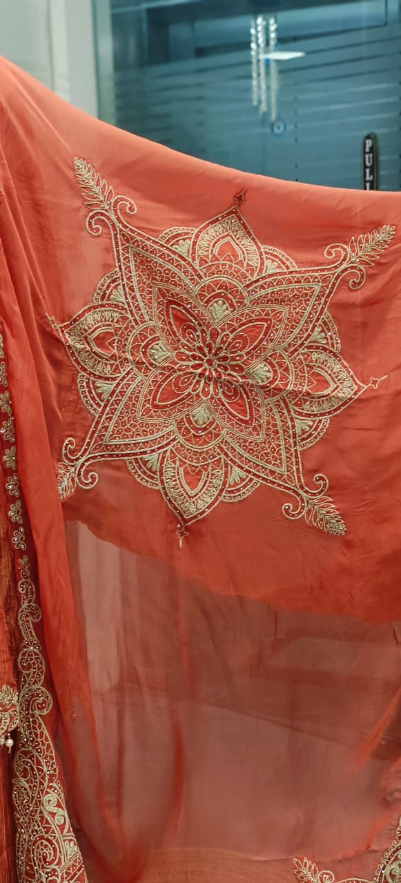 Very Elegant Handwork Neck Line & Bordered With Round Pearl Tassel Shimmery Anarkali Full Suit Set With Heavy Dupatta & Loose Bottom- 11745