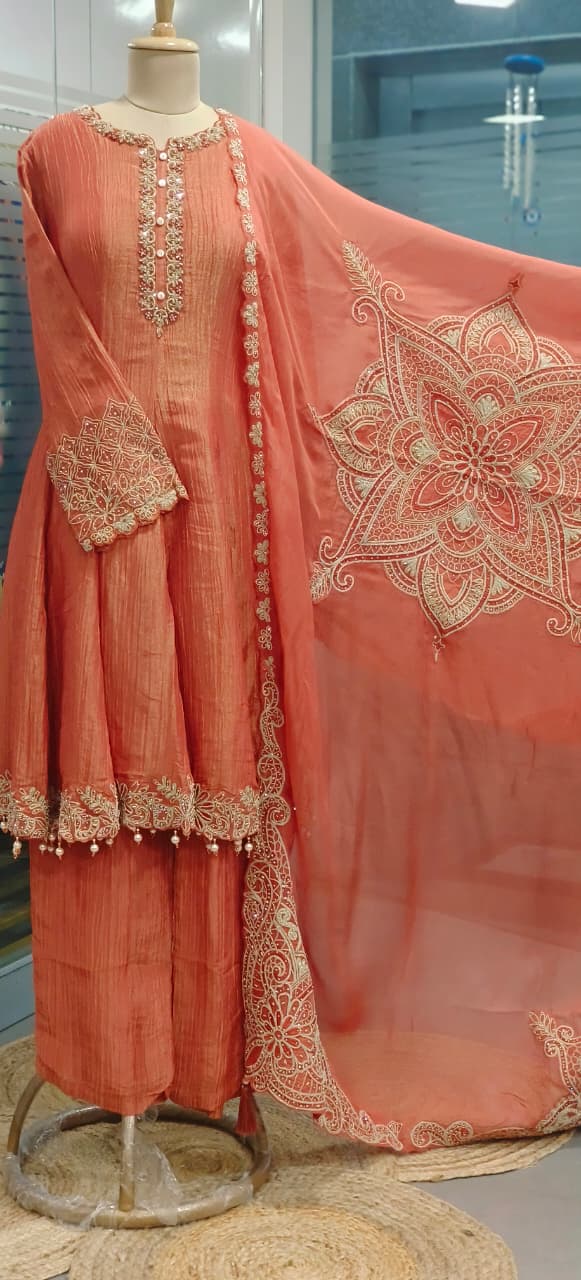 Very Elegant Handwork Neck Line & Bordered With Round Pearl Tassel Shimmery Anarkali Full Suit Set With Heavy Dupatta & Loose Bottom- 11745