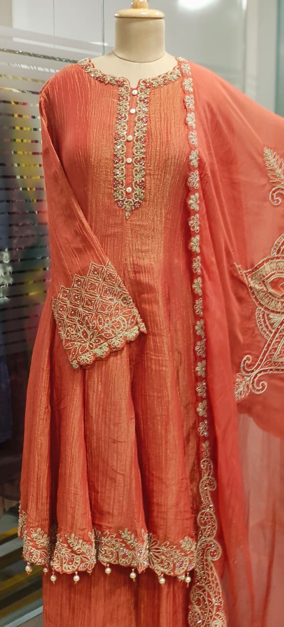 Very Elegant Handwork Neck Line & Bordered With Round Pearl Tassel Shimmery Anarkali Full Suit Set With Heavy Dupatta & Loose Bottom- 11745