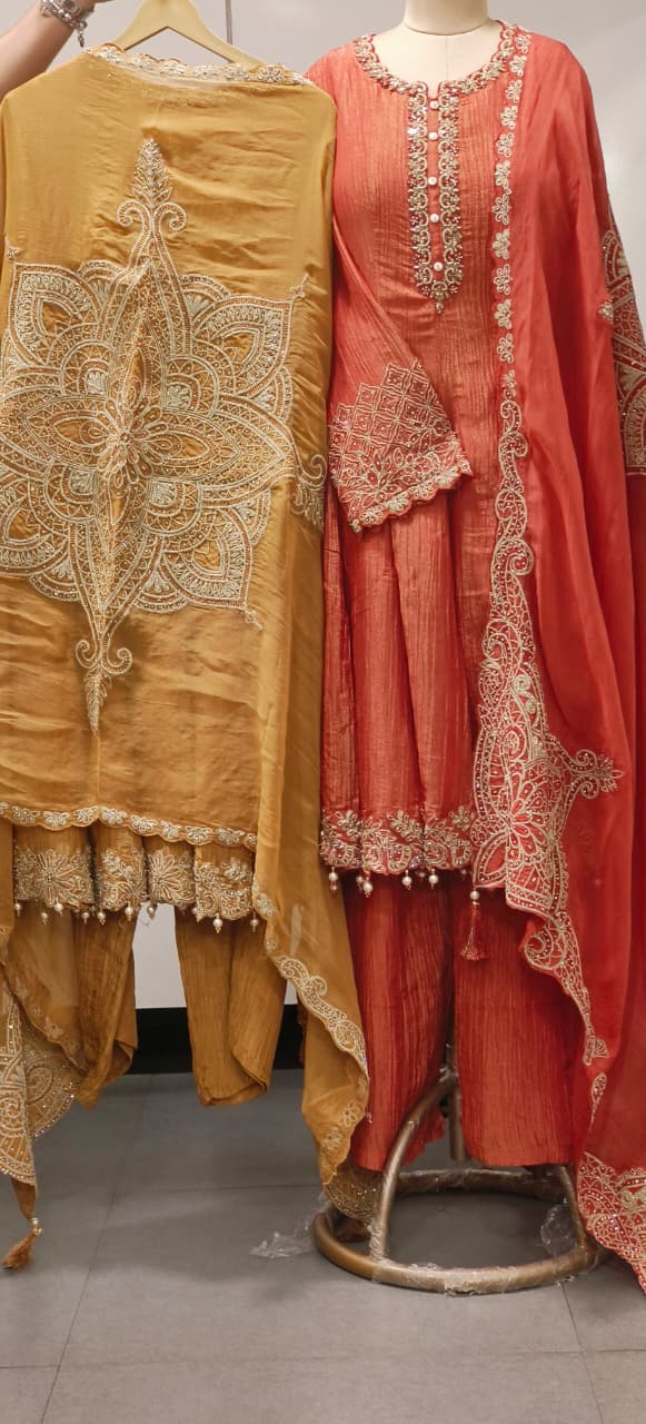 Very Elegant Handwork Neck Line & Bordered With Round Pearl Tassel Shimmery Anarkali Full Suit Set With Heavy Dupatta & Loose Bottom- 11745