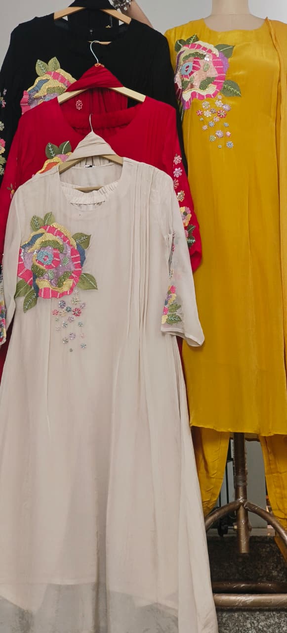 Colorful Vibrant Thread Embroidery Work A-Line Full Suit Set With Dupatta In Organza Crepe Fabric- 11512