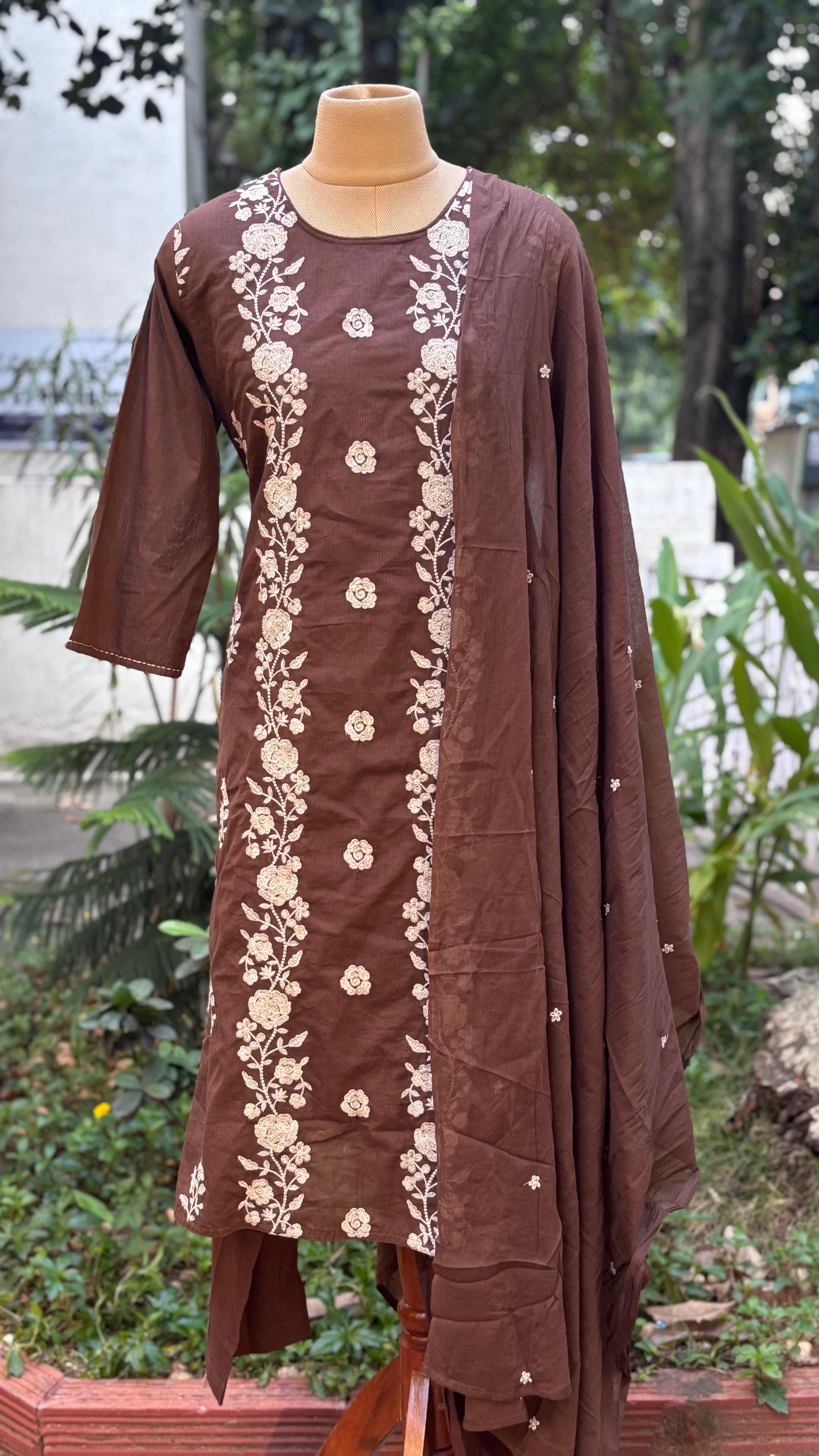 Floral Thread Parallelly Embroidered Cotton Full Suit Set With Dupatta- 11709, 11710