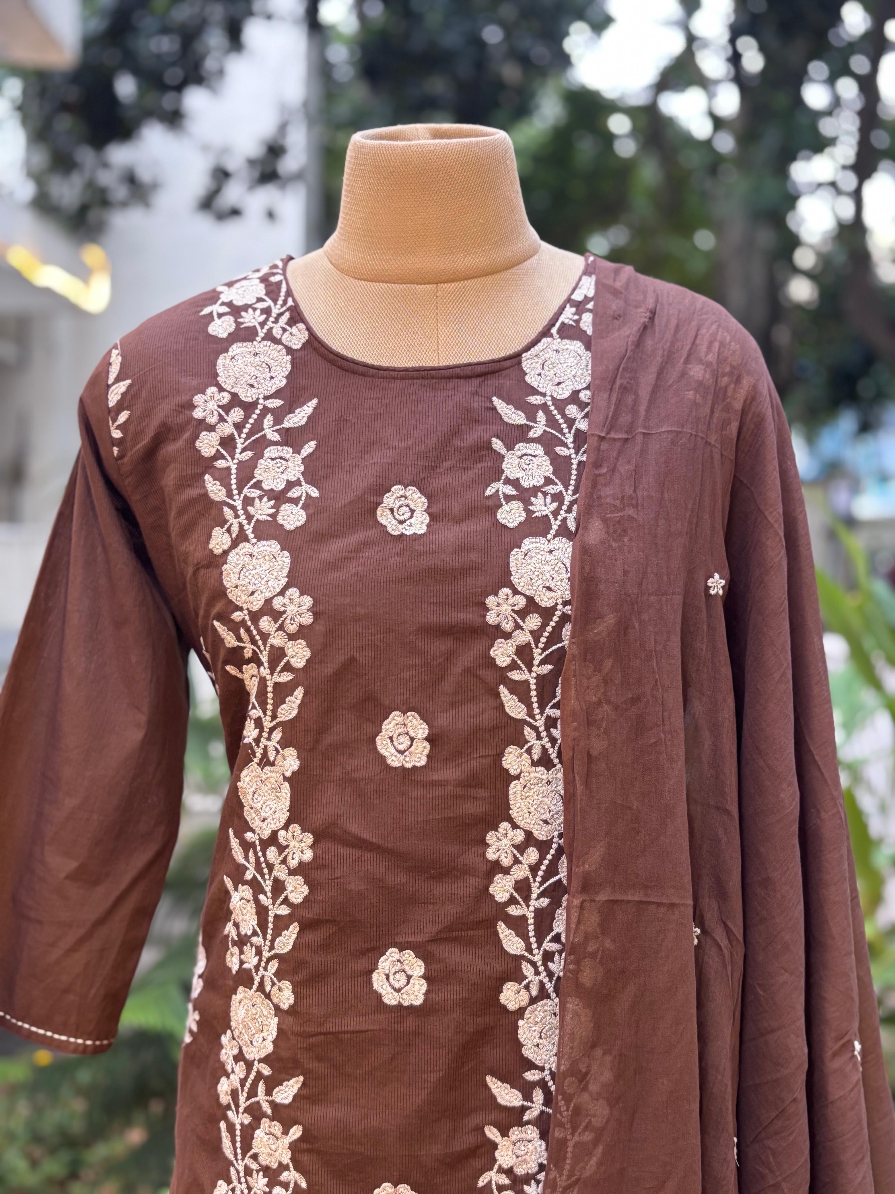 Floral Thread Parallelly Embroidered Cotton Full Suit Set With Dupatta- 11709, 11710