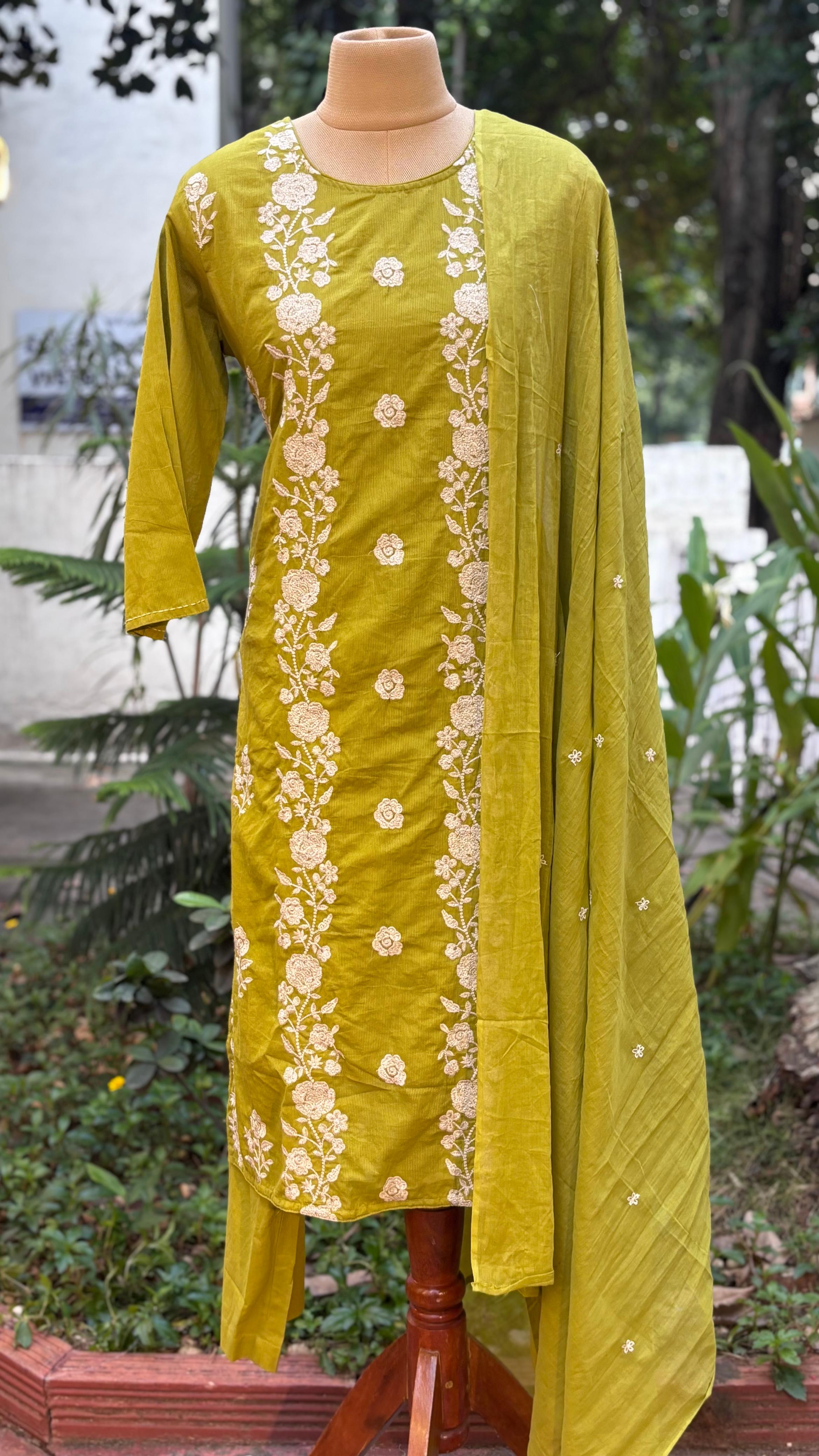 Floral Thread Parallelly Embroidered Cotton Full Suit Set With Dupatta- 11709, 11710