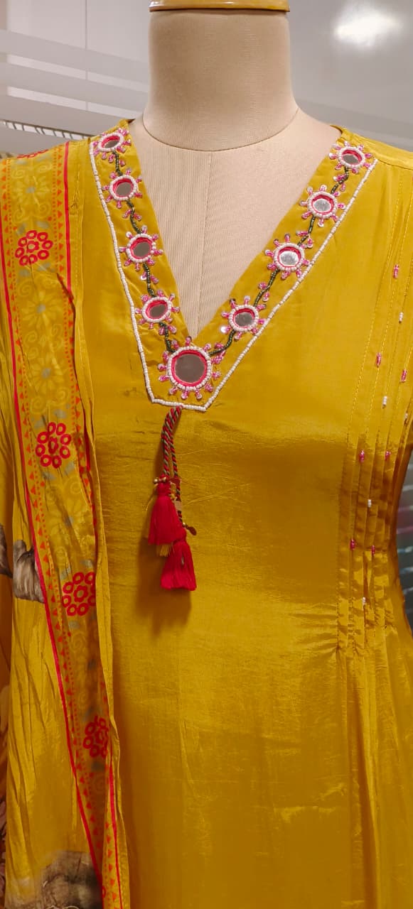 Glass Neck Real Mirror Elegance Floral Bloom Full Suit Set With Dupatta In Crepe Fabric- 11721, 11722
