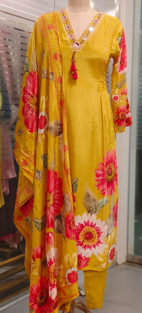 Glass Neck Real Mirror Elegance Floral Bloom Full Suit Set With Dupatta In Crepe Fabric- 11721, 11722